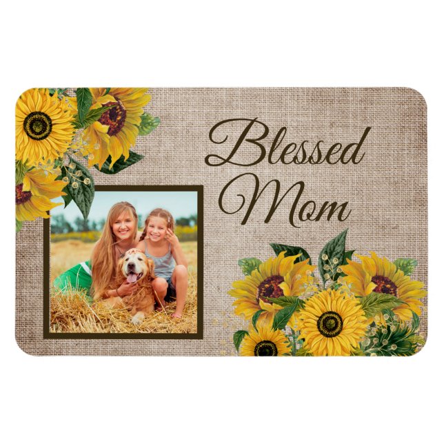 Rustic Burlap Sunflowers Blessed Mom Photo Magnet (Horizontal)