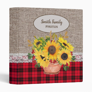Rustic Burlap Sunflowers Buffalo Plaid Photo 3 Ring Binder