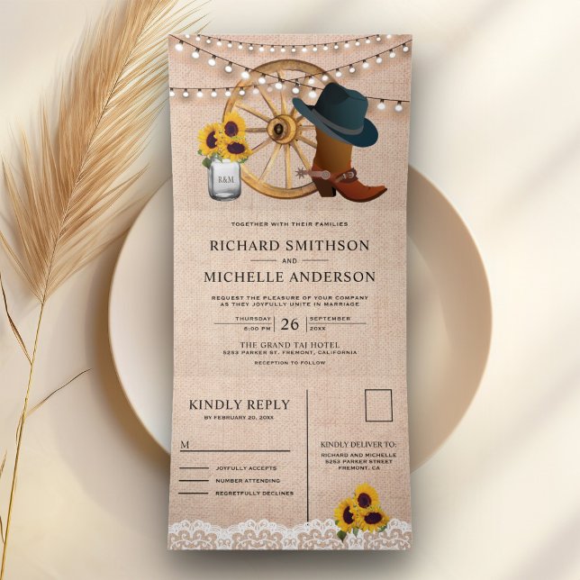 Rustic Burlap Sunflowers Cowboy Western Wedding Tri-Fold Invitation (Creator Uploaded)