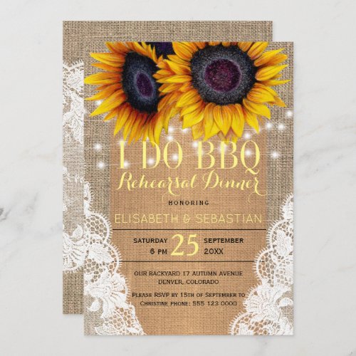 Rustic burlap sunflowers I DO BBQ rehearsal dinner Invitation