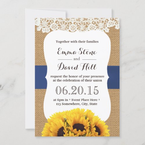 Rustic Burlap Sunflowers Laced Wedding 5x7 Paper Invitation Card
