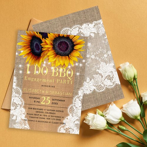 Rustic burlap sunflowers lights and lace I DO BBQ Invitation