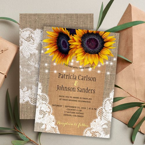 Rustic burlap sunflowers lights and lace wedding invitation