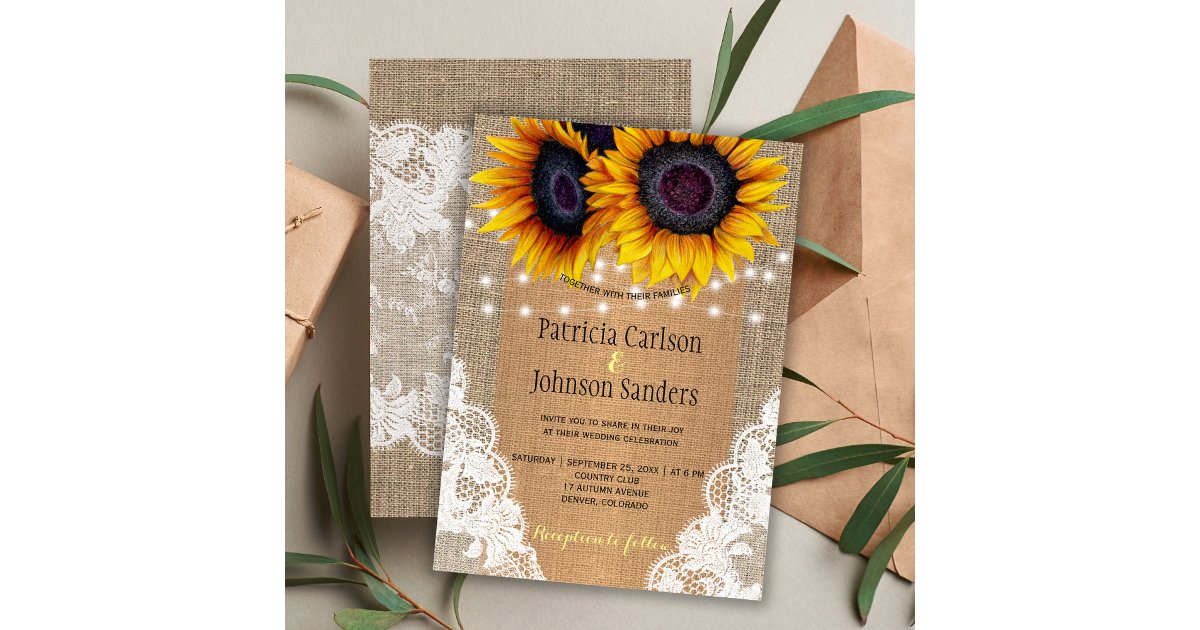 Rustic burlap sunflowers lights and lace wedding invitation | Zazzle