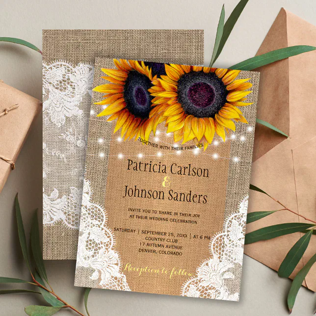 Rustic burlap sunflowers lights and lace wedding invitation | Zazzle