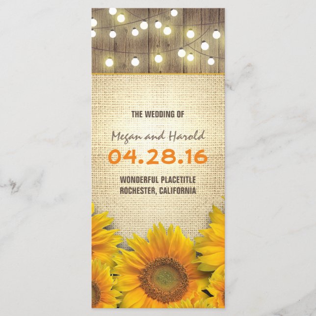 rustic burlap sunflowers lights wedding program (Front)