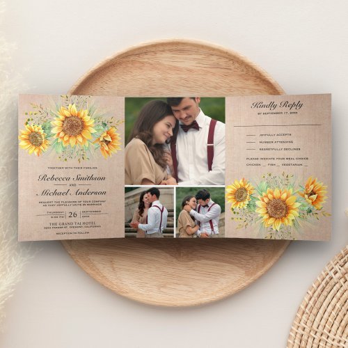Rustic Burlap Sunflowers Photo Collage Wedding Tri_Fold Invitation