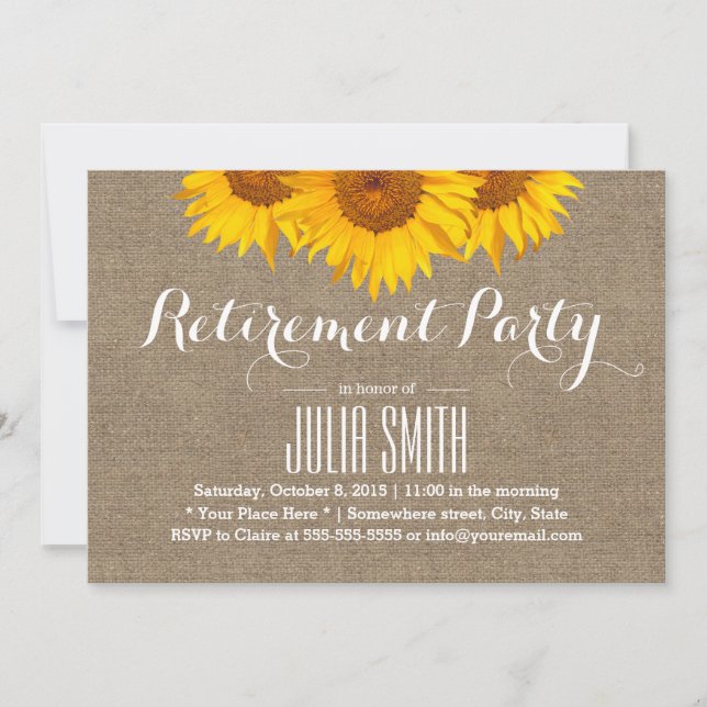 Rustic Burlap Sunflowers Retirement Party Invitation (Front)