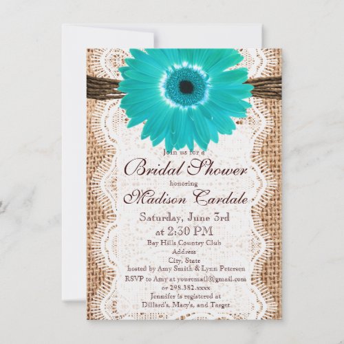 Rustic Burlap Teal Daisy Bridal Shower Invitations