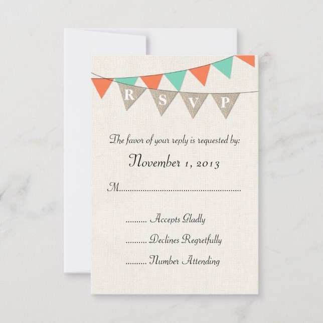 Rustic Burlap Teal Orange Pennant Wedding RSVP Card (Front)