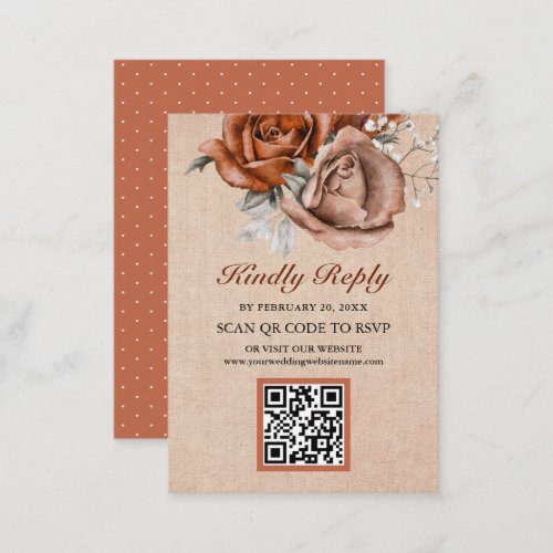 Rustic Burlap Terracotta Rose QR Code RSVP Wedding Enclosure Card