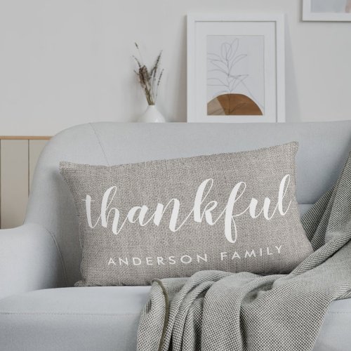 Rustic Burlap Thankful Personalized Family Lumbar Pillow