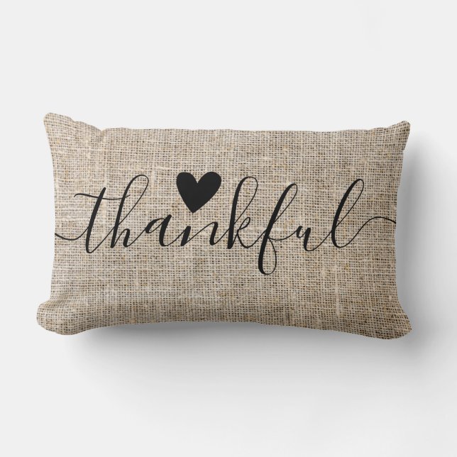 Rustic Burlap Thankful Thanksgiving Farmhouse Lumbar Pillow (Front)