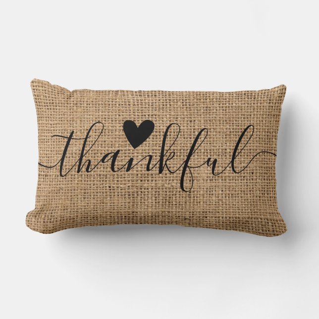 Rustic Burlap Thanksgiving Farmhouse Thankful Lumbar Pillow (Front)
