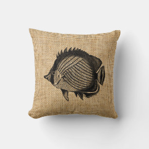 Rustic Burlap Tropical Fish Accent Pillows