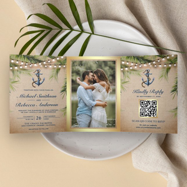 Rustic Burlap Tropical Palm Anchor QR Code Wedding Tri-Fold Invitation (Creator Uploaded)