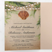 Rustic Burlap Tropical Palm Leaf Seashell Wedding Tri-Fold Invitation (Inside First)