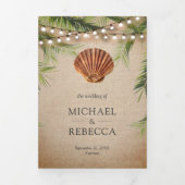 Rustic Burlap Tropical Palm Leaf Seashell Wedding Tri-Fold Invitation (Cover)