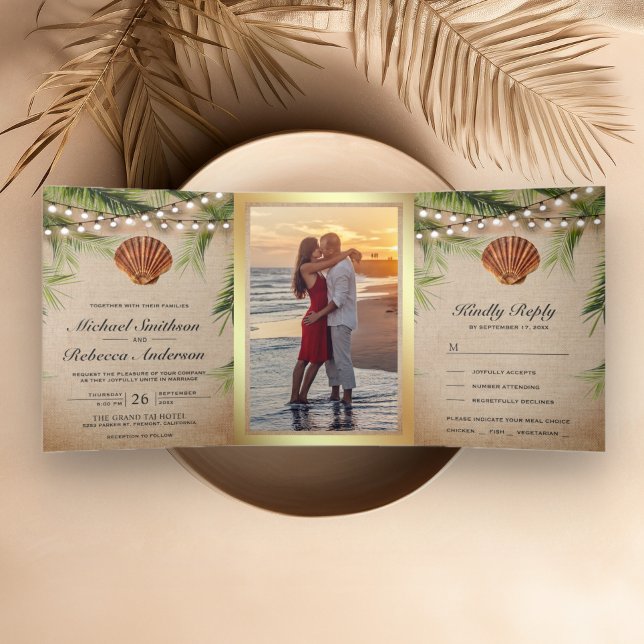 Rustic Burlap Tropical Palm Leaf Seashell Wedding Tri-Fold Invitation