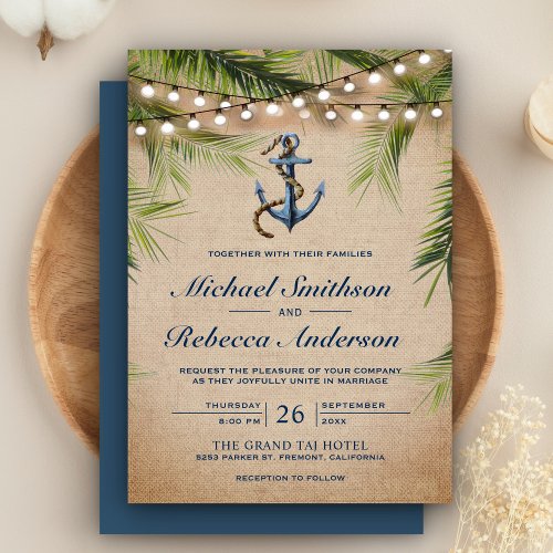 Rustic Burlap Tropical Palm Leaves Anchor Wedding Invitation