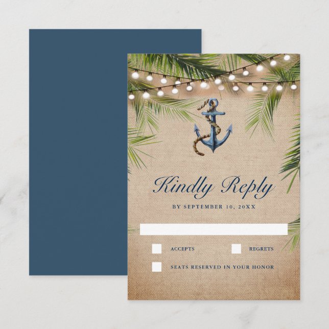Rustic Burlap Tropical Palm Leaves Anchor Wedding RSVP Card (Front/Back)