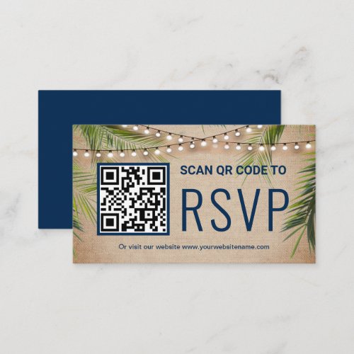 Rustic Burlap Tropical Palm QR Code RSVP Wedding Enclosure Card