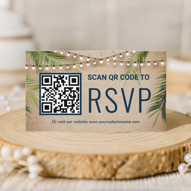 Rustic Burlap Tropical Palm QR Code RSVP Wedding Enclosure Card (Creator Uploaded)
