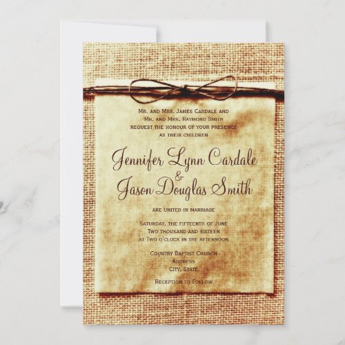 Rustic Burlap Twine Distressed Wedding Invitation