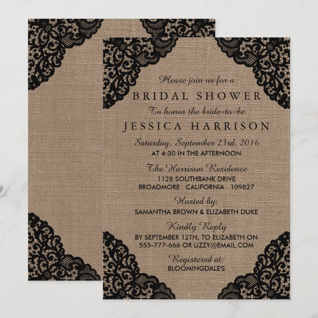 Rustic Burlap & Vintage Black Lace Bridal Shower Invitation (Front/Back)