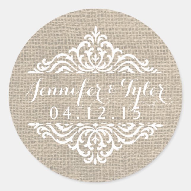 Rustic Burlap Vintage Damask Wedding Stickers (Front)