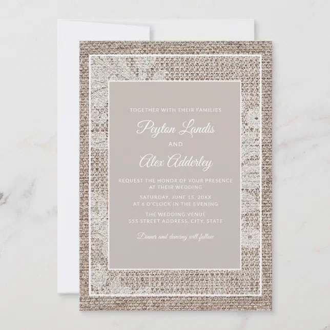 Rustic Burlap Vintage Elegant White Lace Wedding Invitation | Zazzle