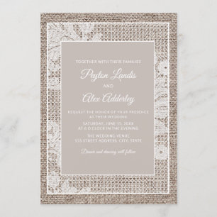 Rustic Burlap Vintage Elegant White Lace Wedding Invitation