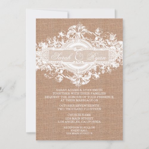 RUSTIC BURLAP VINTAGE FLOWER WEDDING INVITATION