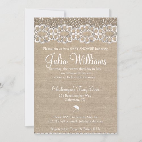 Rustic Burlap  Vintage Lace Baby Shower Invite