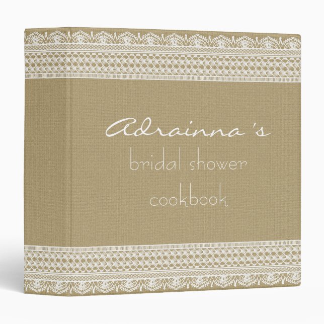 Rustic Burlap Vintage Lace Bridal Shower Cookbook Binder (Front/Spine)
