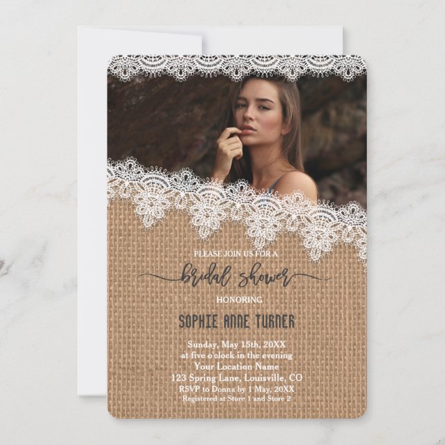 Rustic Burlap Vintage Lace Photo Bridal Shower Invitation (Front)