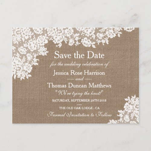Rustic Burlap  Vintage Lace Wedding Save The Date Announcement Postcard