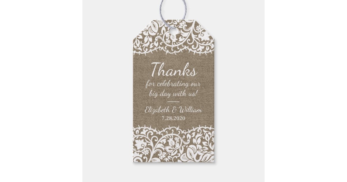 Rustic Burlap & Vintage Lace Wedding Thank You Gift Tags | Zazzle