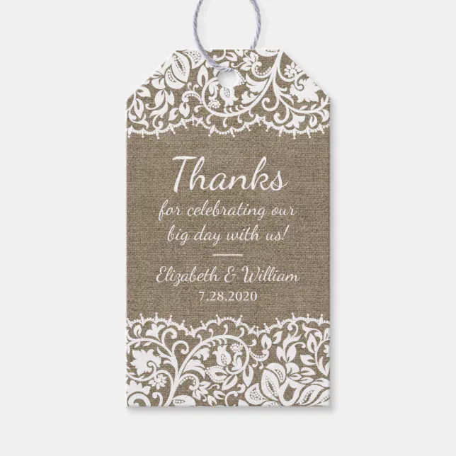 Rustic Burlap & Vintage Lace Wedding Thank You Gift Tags | Zazzle