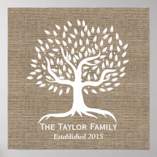 Rustic Burlap Vintage Tree Family Name Established Poster