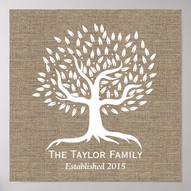 Rustic Burlap Vintage Tree Family Name Established Poster (Front)
