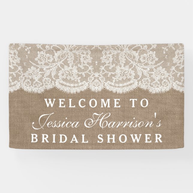 Rustic Burlap & Vintage White Lace Bridal Shower Banner (Horizontal)