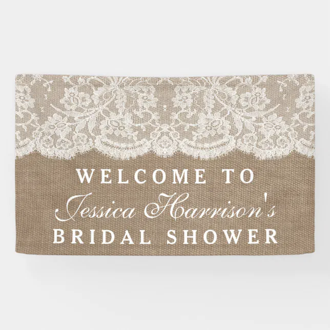 Rustic Burlap & Vintage White Lace Bridal Shower Banner | Zazzle