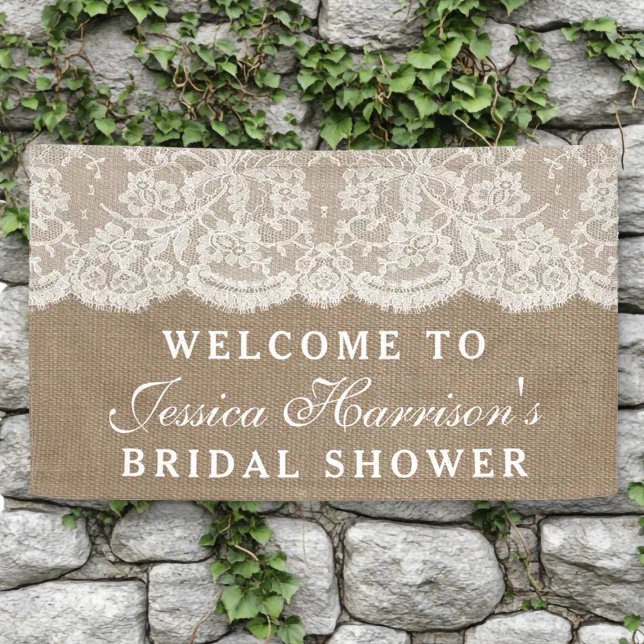 Rustic Burlap & Vintage White Lace Bridal Shower Banner | Zazzle