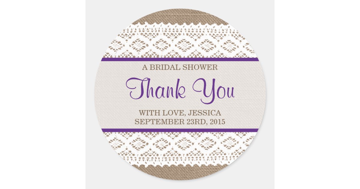 Rustic Burlap & Vintage White Lace Bridal Shower Classic Round Sticker ...