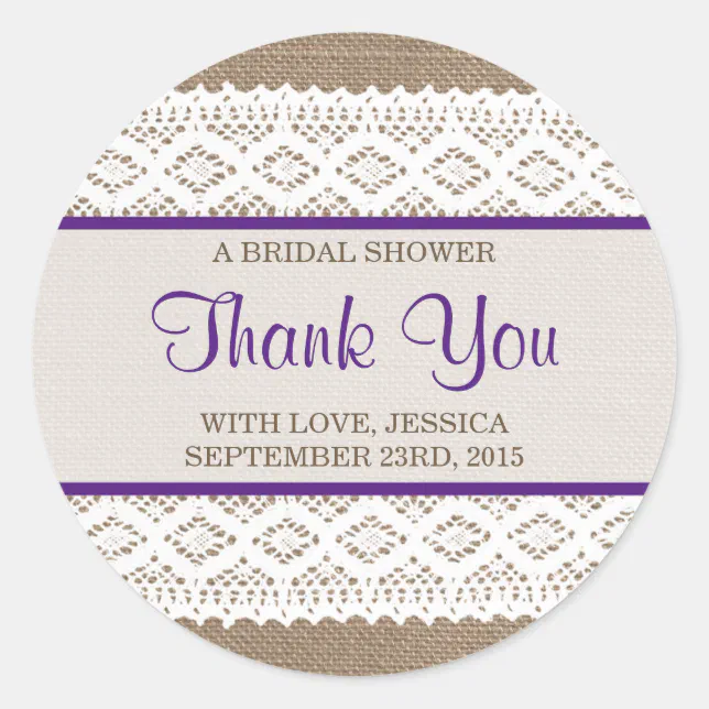 Rustic Burlap & Vintage White Lace Bridal Shower Classic Round Sticker ...