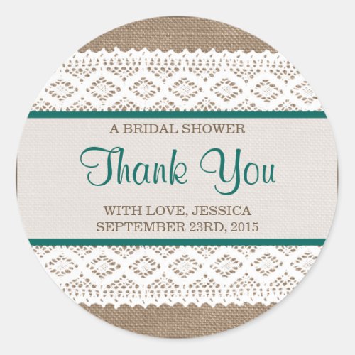 Rustic Burlap  Vintage White Lace Bridal Shower Classic Round Sticker