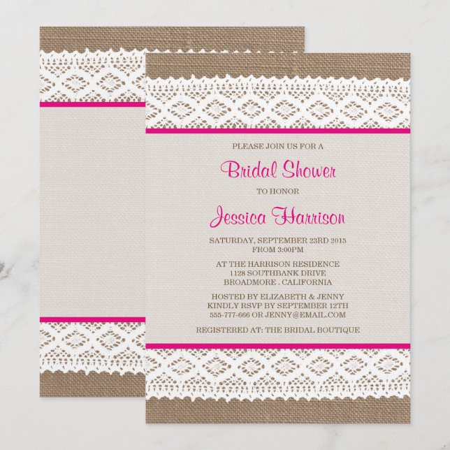 Rustic Burlap & Vintage White Lace Bridal Shower Invitation (Front/Back)