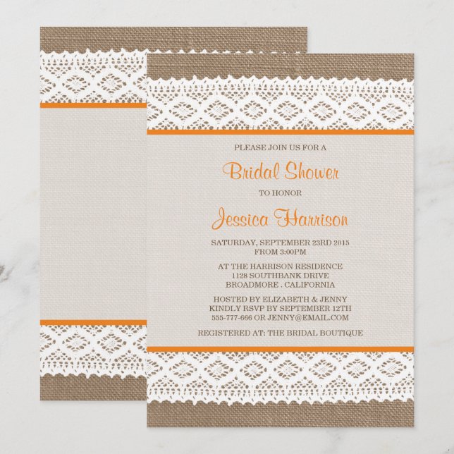 Rustic Burlap & Vintage White Lace Bridal Shower Invitation (Front/Back)