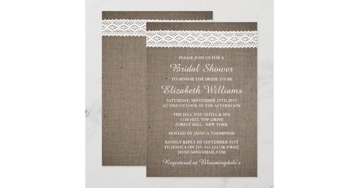 Rustic Burlap & Vintage White Lace Bridal Shower Invitation | Zazzle